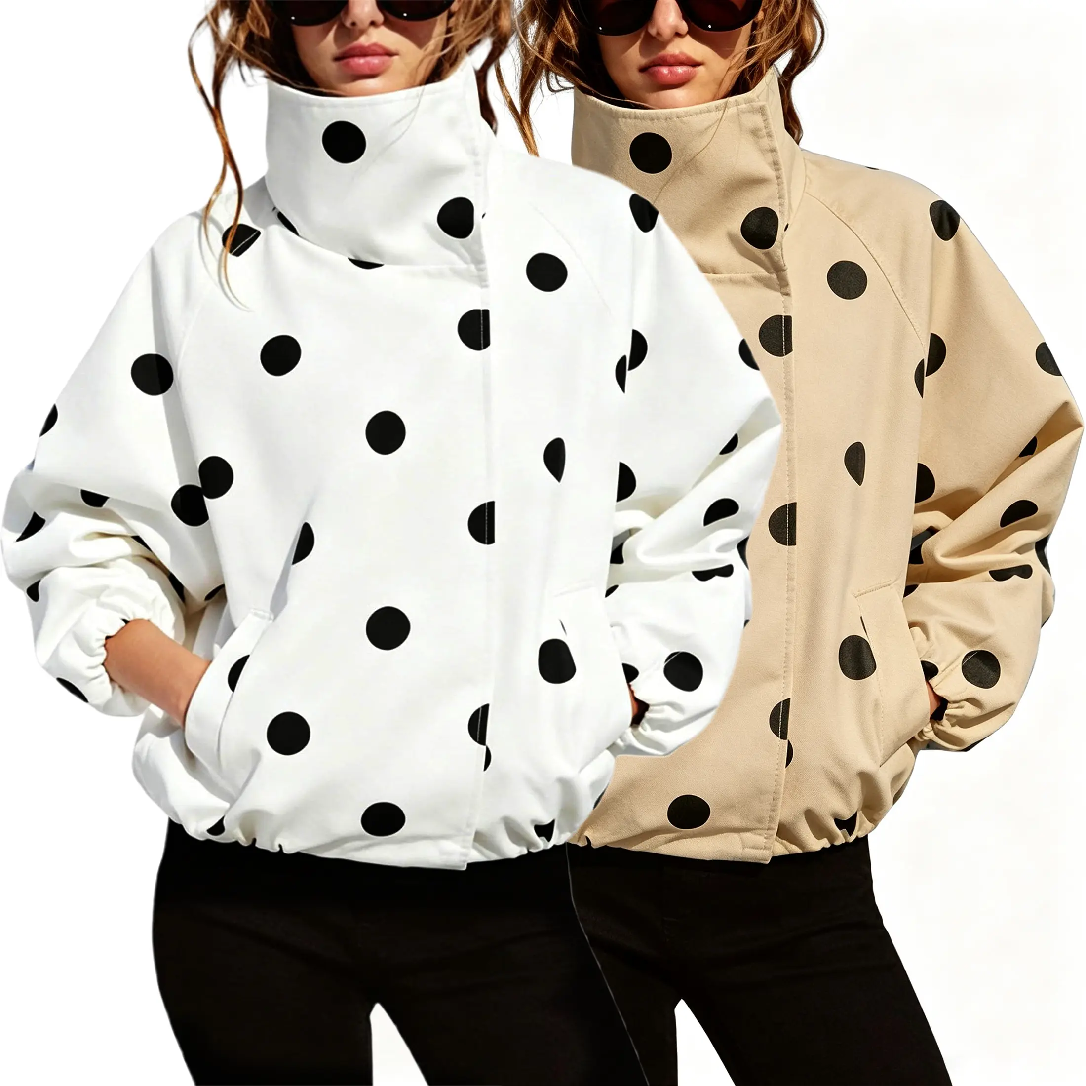 Buenoble Women Oversized Polka Dot Bomber Jacket Stand Collar Zip Up Casual Loose Windbreaker Neutral Fall Outerwear