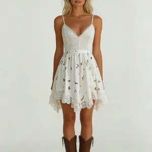 Women's Single-Piece Backless Floral Print Sleeveless A-Line Mini Dress - Spaghetti Strap, Deep V-Neck, Cami, High-Low Hem, Polyester Fabric, Everyday Casual Wear, Women's Clothes