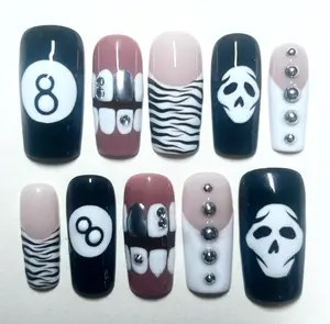 Gothic 8 Ball Nails with Zebra Print, Skull Faces, Chrome Studs, and Metallic Teeth – Black White Dark Aesthetic Press-On Nail Set
