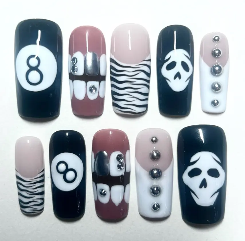 Gothic 8 Ball Nails with Zebra Print, Skull Faces, Chrome Studs, and Metallic Teeth – Black White Dark Aesthetic Press-On Nail Set