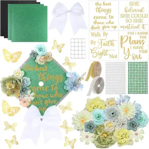 42 count DIY Graduation Cap Decorations Kit Include Faux Flower Heads Graduation Quote Glitter Sticker Bow  Butterfly Rhinestone  Stickers for Grad Cap Topper Decor(Green)