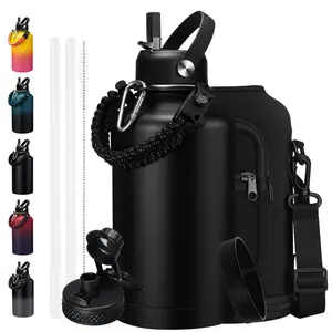 64 oz Insulated Water Bottle with Straw & Auto Spout Lids,Paracord Handle,Strap Carrier & Protective Boot,Half Gallon Water bottle,Wide Mouth Metal Canteen Thermo Flask,Leak-proof Hydro Water Jug