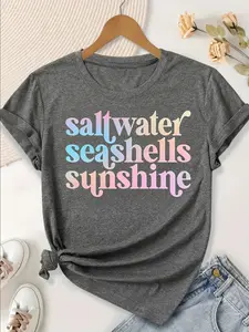 Sunshine beach vacation shirt, seaside style, women's summer fitted T-shirt, beach round neck T-shirt, vacation outfit, shell pattern, beach enthusiast gift