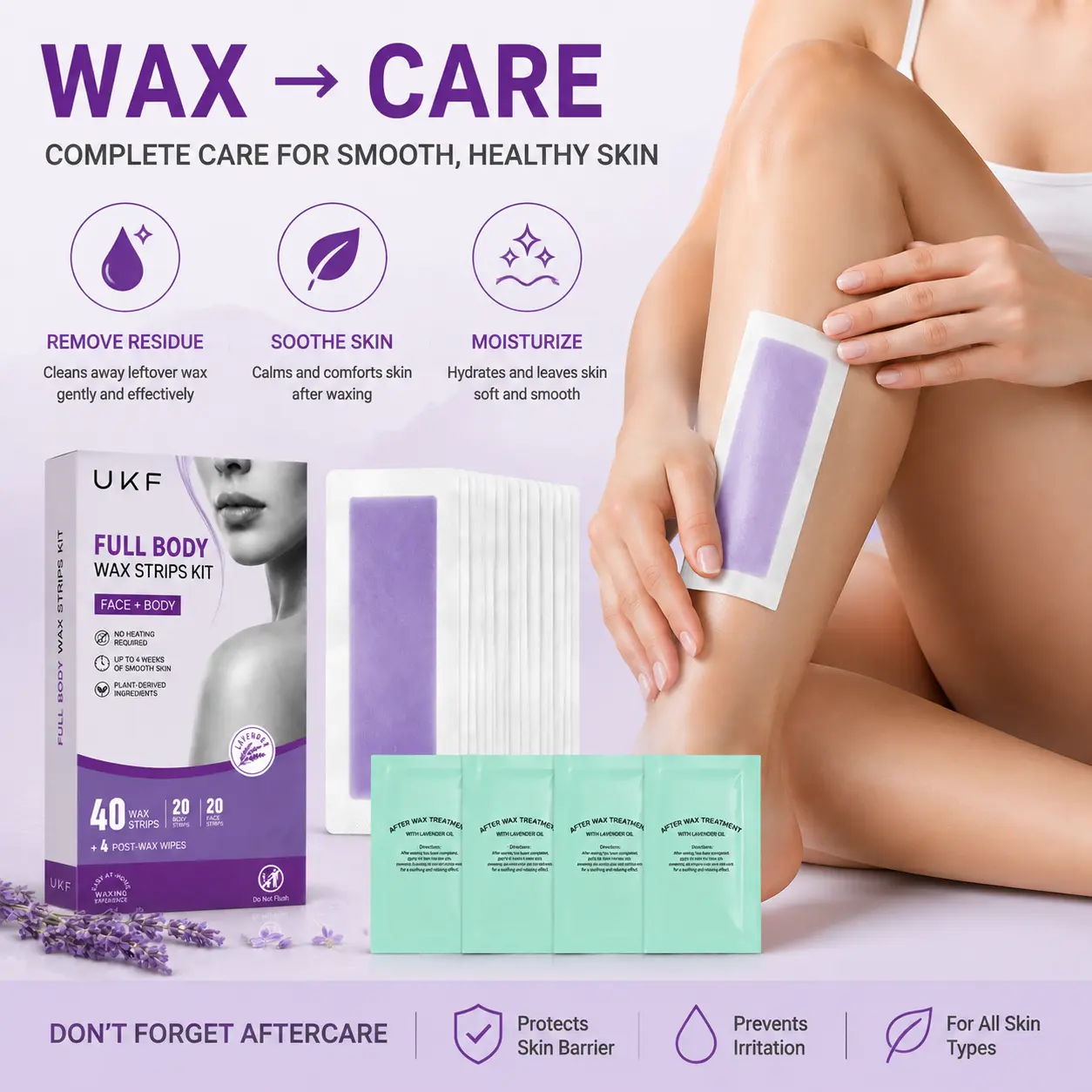 UKF Wax Strips Hair Removal Kit for Women, 40 Count Body & Face Wax Strips, No Heating Required At Home Waxing Kit, Bikini Legs Underarm Facial Hair Removal with After Wax Wipes