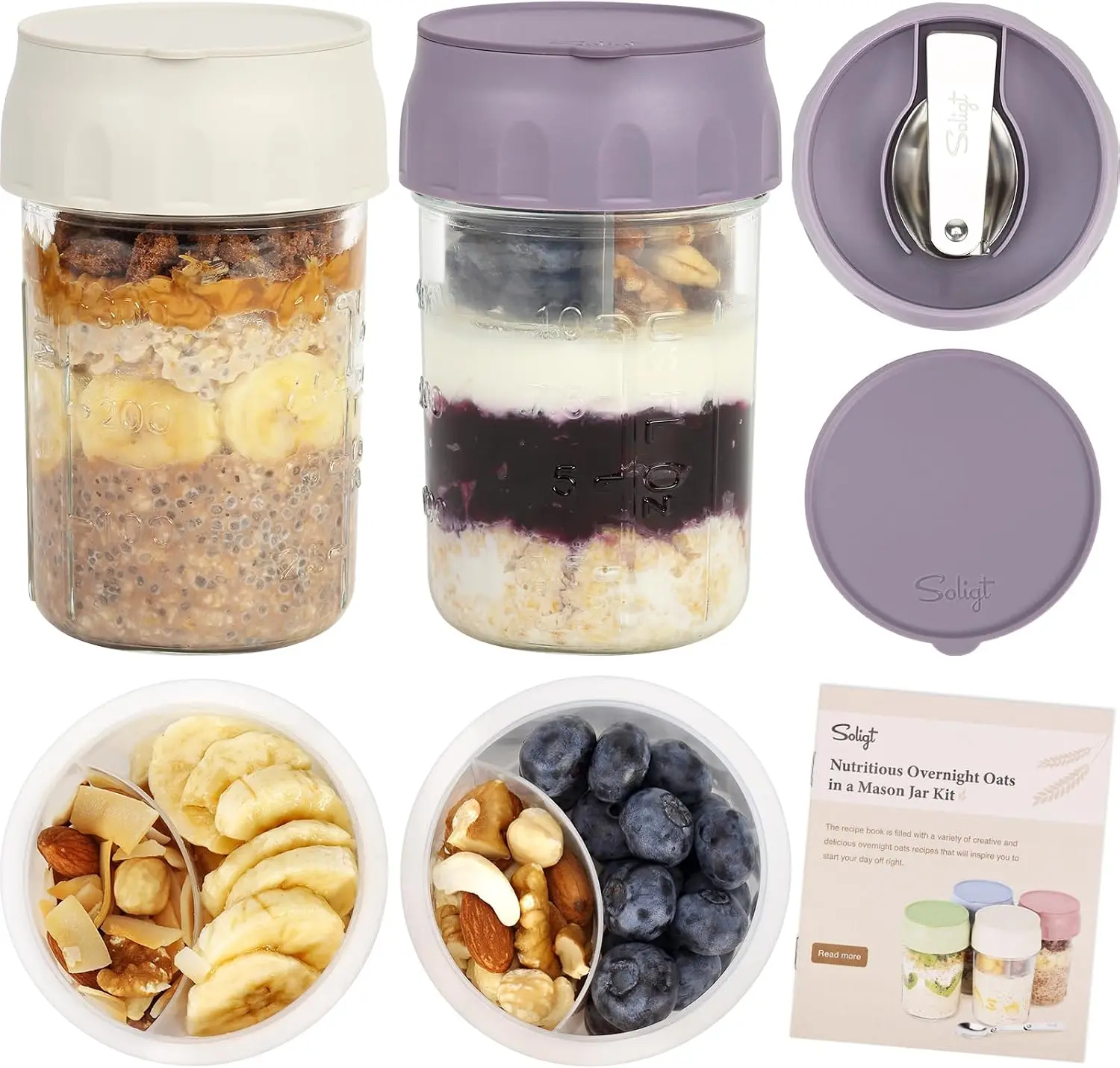 2 Pack Overnight Oats Containers with Lids, Folding and Divided Compartments for Fruit & Nuts, Small 16oz Jars for Oatmeal Yogurt Parfait