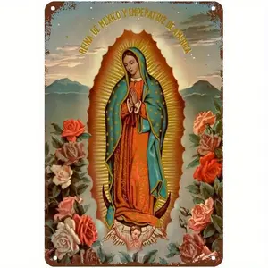 1PC Aluminum Wall Art Decor Our Lady of Guadalupe Religious Vintage Catholic Sign with Red Rose for Home Church Cafe Bar 8x12 Inch Pre Drilled Hanging Cultural Gift