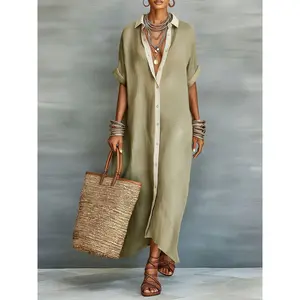 VVZ 2026 Women's Color-Blocked, Loose-Fit, Long Cotton-Linen Shirt Dress: A Stylish and Casual Dress