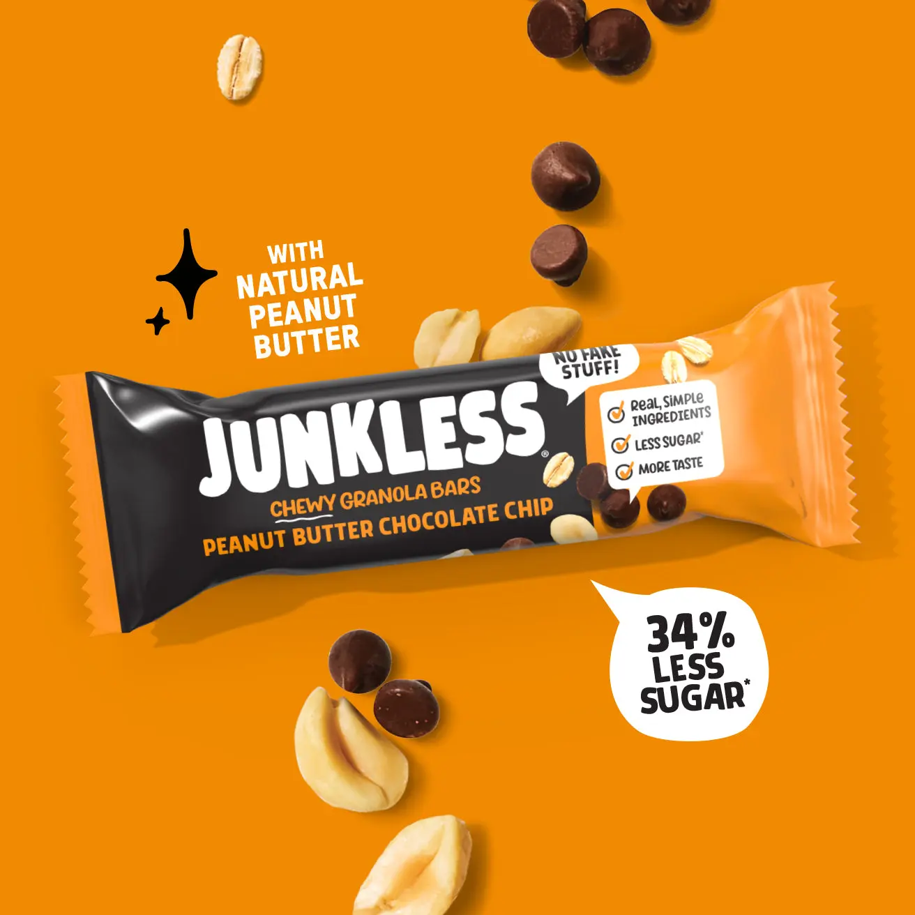 JUNKLESS Chewy Granola Bars Peanut Butter Chocolate Chip (12 ct) - Simple Ingredients Less Sugar Gluten Free No Fake Stuff