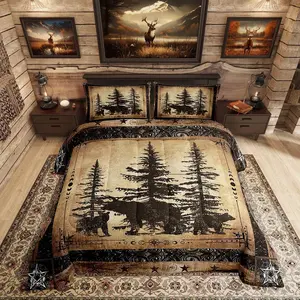 Rustic Bear Comforter Set,Woodland Wildlife Hunting Bedding Set,Farmhouse Cabin Lodge Bedding Comforter Sets,Retro Country Animal Quilt Duvet
