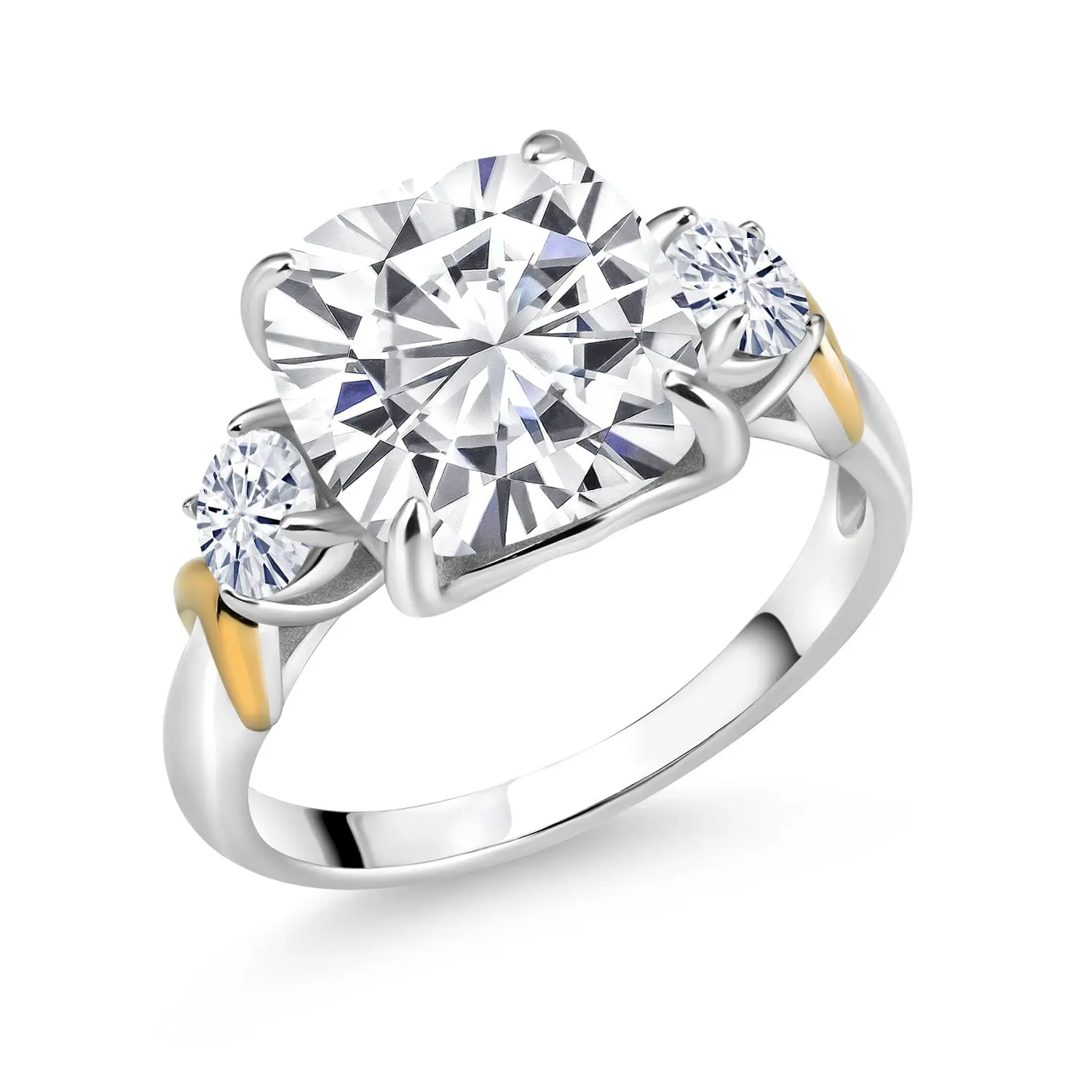 Gem Stone King 3-Stone Ring For Women | 925 Sterling Silver and 10K Yellow Gold | Center Cushion 10MM Gemstone Birthstone and Round 4MM White Moissanite | Available In Size 5, 6, 7, 8, 9