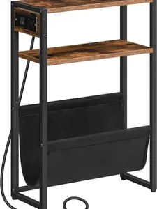 Narrow Side Table, End Table with Charging Station, 3-Tier Nightstand, Bedside Table with 2 Wooden Shelves and Magazine Sling, for Small Space, Living Room, Rustic Brown and Black BF103UBZ01