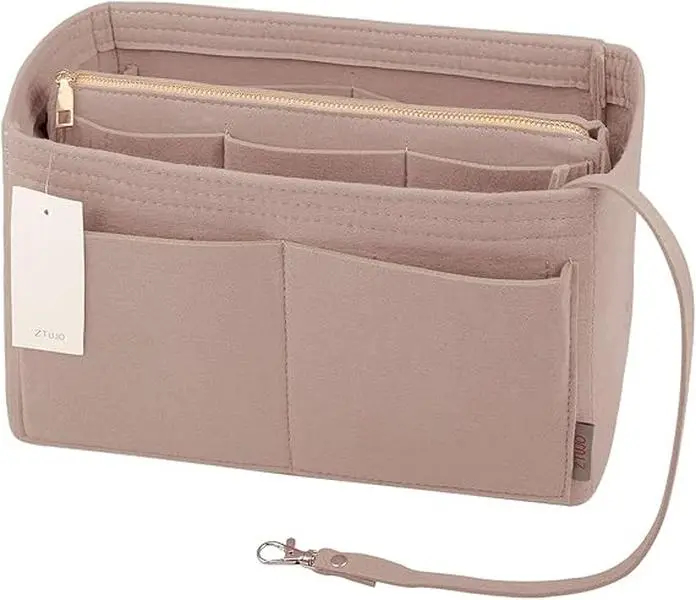Felt Fabric Multi-Pocket Handbag Organizer Insert with Metal Zipper, Detachable Zippered Compartments, Durable Pouch, Tote Shaper for Speedy Neverfull Tote, Pouch Bag Organizers, Multi Pocket Organizer