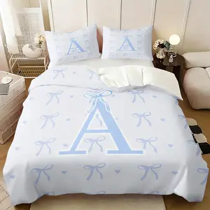 2/3Pcs Coquette Light Blue Bow Duvet Cover Set, Cute Heart Initial Letter A-Z Print Comforter Cover, Soft Aesthetic Bedding Set with Pillowcases, No Filler, For Teen Girls Women Bedroom Dorm Room Decor