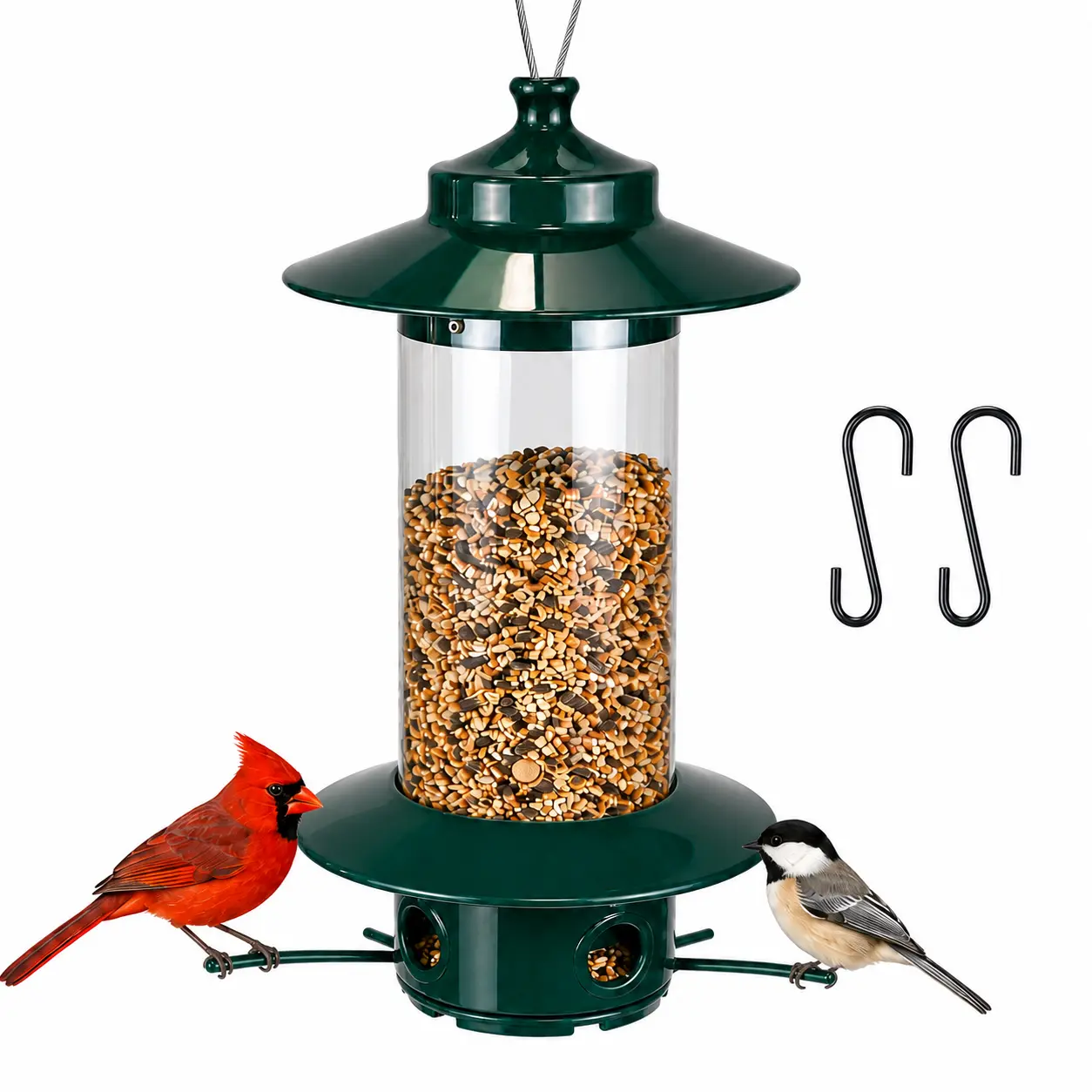 Squirrel Proof Bird Feeder for Outdoors, 4.8 LB Large Capacity Hanging Bird Feeder with Weight-Activated Feeding Ports, Weather-Resistant Metal Bird Feeder with 2 S-Hooks, Dark Green