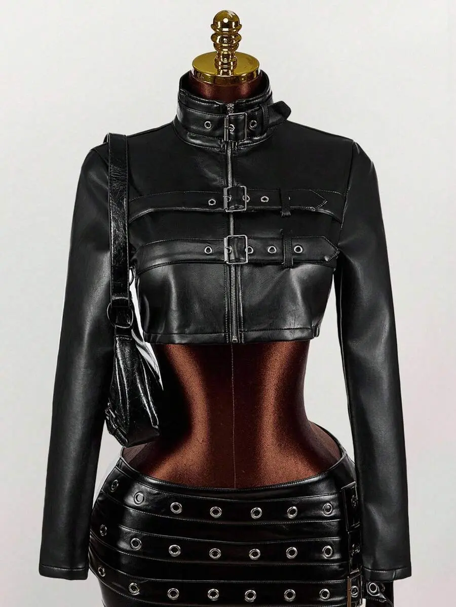 GUD x Amplova Women's Autumn And Winter Fashion Solid Color Stand Collar Belt Metal Eyelet Short Jacket