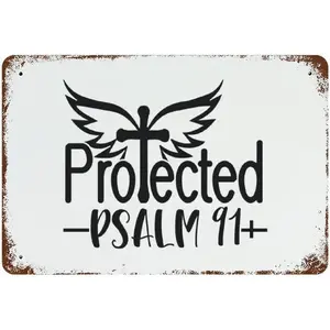 Rustic Aluminum Bible Sign Protected Psalm 91 Home Decor Wall Plaque Christian Religious Quotes Art for Living Room Bedroom Door Decor White