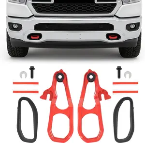 Left&Right Red Front Tow Hooks Compatible with 2019-2024 Ram 1500 DT W/Black Frames & Hardware Replacement for 68272944AB 68265144AA 68272945AB 68272945AA 68274701AB 68274701AA Steel+Plastic