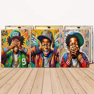 Street Art Black Boy Pattern Canvas Painting, 3 Counts Wall Art Painting, Wall Art Decor for Home Living Room Bedroom Office, Art Wall Decoration, Ornaments