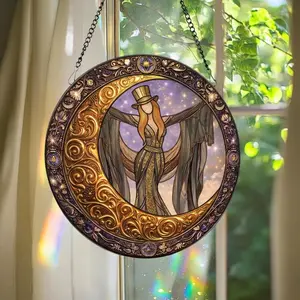 Mystical Moon Goddess Suncatcher Acrylic Hanging Ornament - Boho Witchy Woman Crescent Moon Stained Glass Style Window Spinner, Elegant Celestial Decor for Window Garden Porch, Gift Idea for Witchy Boho Home Decor Lovers