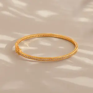 Diamond Tennis Bangle by Caitlyn Minimalist - Dainty Half Eternity Crystal Bangle Bracelet in Gold & Silver - Minimalist Wedding Jewelry - Anniversary Gift