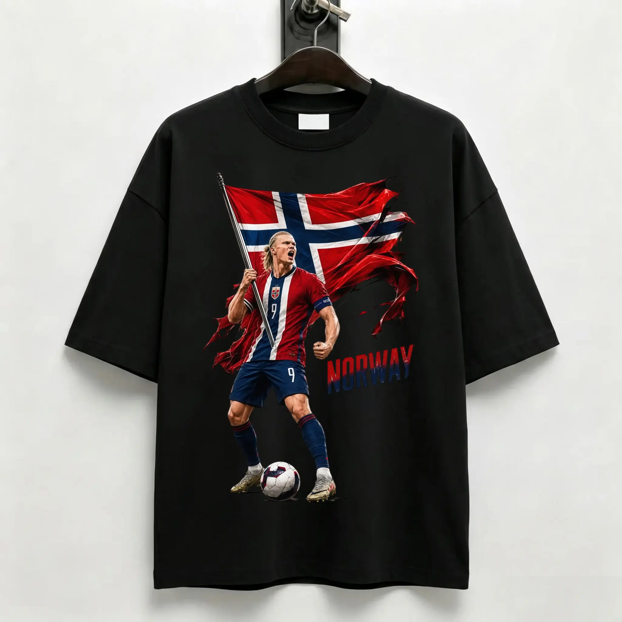 Norway Soccer Cotton Tee T-Shirt with Flag Design and Player Graphic for Erling Haaland Fans