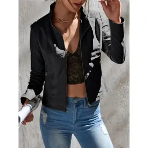 Women’s PU Leather Jacket, Casual Fitted Short Coat with Zipper Pockets, Spring & Autumn Street Style Windproof Outerwear