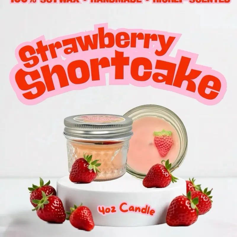 4oz Strawberry Shortcake Candle - A delicious blend of ripe strawberries, sugary shortbread, and soft whipped cream-just like real strawberry shortcake