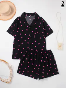 Plus Size Women's Pajama Set, Matching Short Sleeve Top and Shorts, Heart Pattern, Loose Fit, Comfortable Home Wear, Nightwear, Loungewear, Ideal for Relaxing at Home, Pjs, Pajamas Shorts