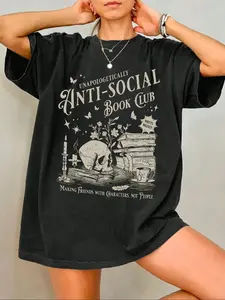 Gothic Bookish "Anti-Social Book Club" Graphic Prints Tee - Vintage Edgy Literary Fitted Casual Lightweight T-Shirt