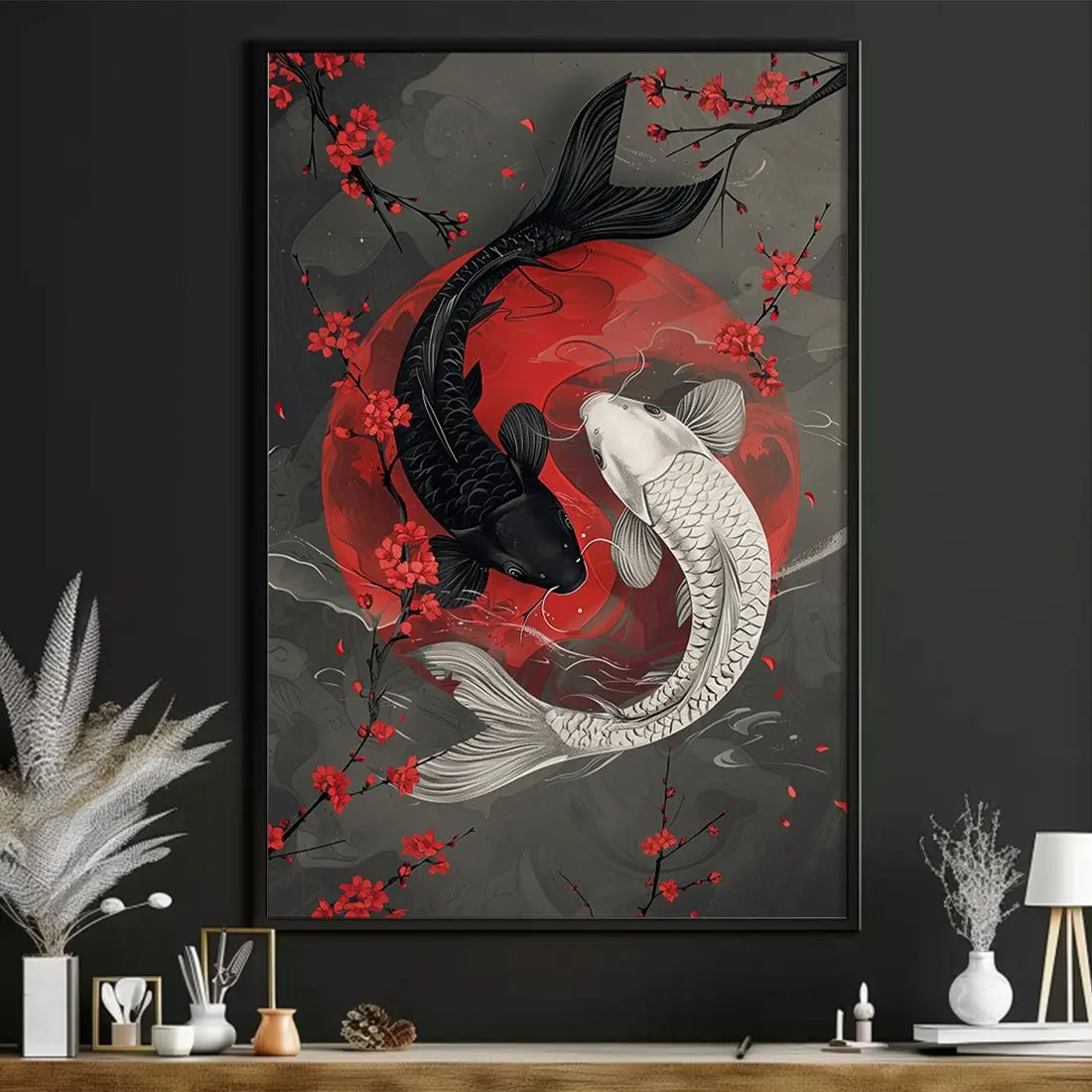 1pc Japanese Koi Carp Yin Yang Canvas Art Print|" Wall Artd, Fade-Resistant Ink| Vibrant Red& White Fish in Water Design| Ideal for Living Room, Bedroom, Office Wall Decor| Contemporary Home Art Gift, Kawaii Room Decor, 2D