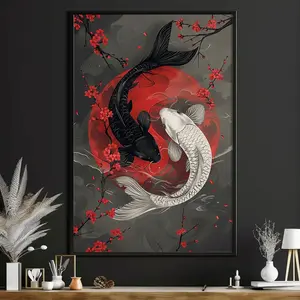 1pc Japanese Koi Carp Yin Yang Canvas Art Print|" Wall Artd, Fade-Resistant Ink| Vibrant Red& White Fish in Water Design| Ideal for Living Room, Bedroom, Office Wall Decor| Contemporary Home Art Gift, Kawaii Room Decor, 2D