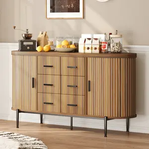 59in Large Sideboard Buffet Cabinet, Modern Fluted Coffee Bar Storage Cabinet with 2 Sliding Doors and 6 Drawers, Credenza Media TV Console Table for Kitchen Living Room Entryway