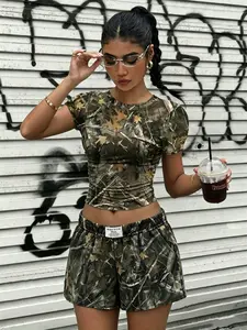 Women's Fashion Camo Print Two-Piece Set, Summer Slim Fit Navel T-Shirt and Elastic Waist Sport Pants, Versatile Ladies