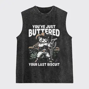 Funny Western Cat Washed Tank Top, Gym Essential, Vintage Casual Crewneck Short Sleeves Menswear T-shirt Classic Cotton Fabric Streetwear
