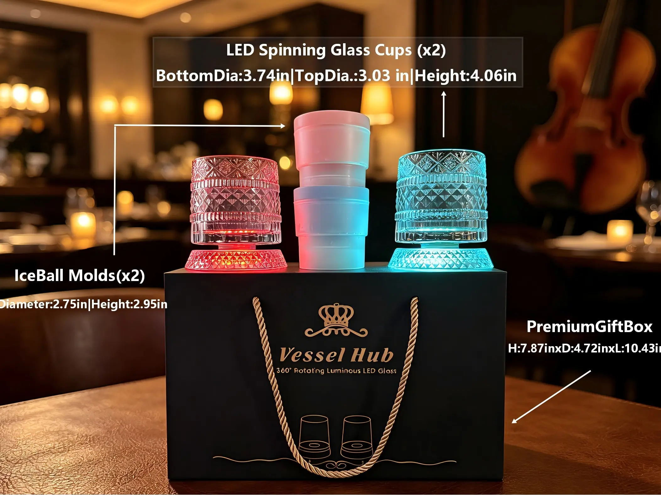 Luxury Spinning Crystal Whiskey Glass Drinkware Gift Set – 2 Rotating Glasses & 2 Ice Ball Molds with Elegant Gift Box, Diamond & Snowflake Cut Barware Gift Set, summerwinsMUGBLUEEGG# liquor glass## premium gin set