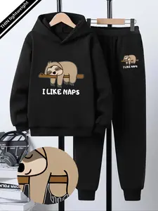 Teen Boys Fashion Set, Printed Thin Lightweight Hooded Sweatshirt, Casual Cartoon Sloth Text Print, Spring & Fall Long Regular Fit