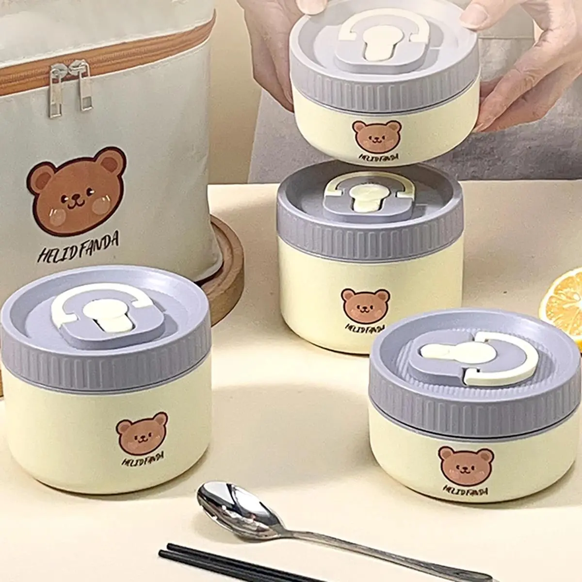 Portable Insulated Lunch Container For Kids Students Cute Round 304 Stainless Steel Thermal Bento Lunch Box With Handle Heatable
