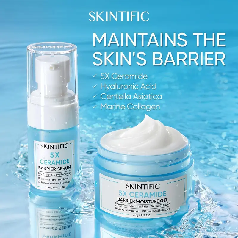 SKINTIFIC 2pcs Barrier Repair Combo - 5X Ceramide Serum and Moisture Gel for Sensitive Oily Skin Vegan Oil Control Redness Relief 24H Hydration
