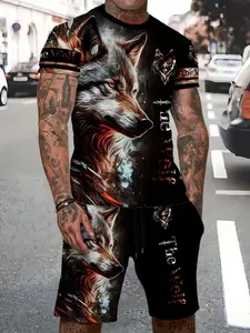 Men's Summer Sports Set, Wolf 3D Cool Print Short Sleeve Sportswear Fashion Set, Athleisure Set, T-Shirt and Shorts 2 Piece Casual, Athleisure Summer Clothes, Casual Sportswear Outfit
