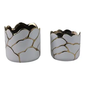Sagebrook Home 2-Piece Modern Ceramic Garden Planter Set - 6 in., 7 in. Round White & Gold Modern Plant Pots, Round Planters for Home & Garden Use, Modern Plant Pot