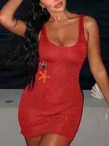 Apperloth Studio Women's Sleeveless Square Neck Bodycon Mini Dress - Glitter Knit with Rhinestone Crab & Starfish Y2K Beachy Glitter Knit Dress For Beach Party