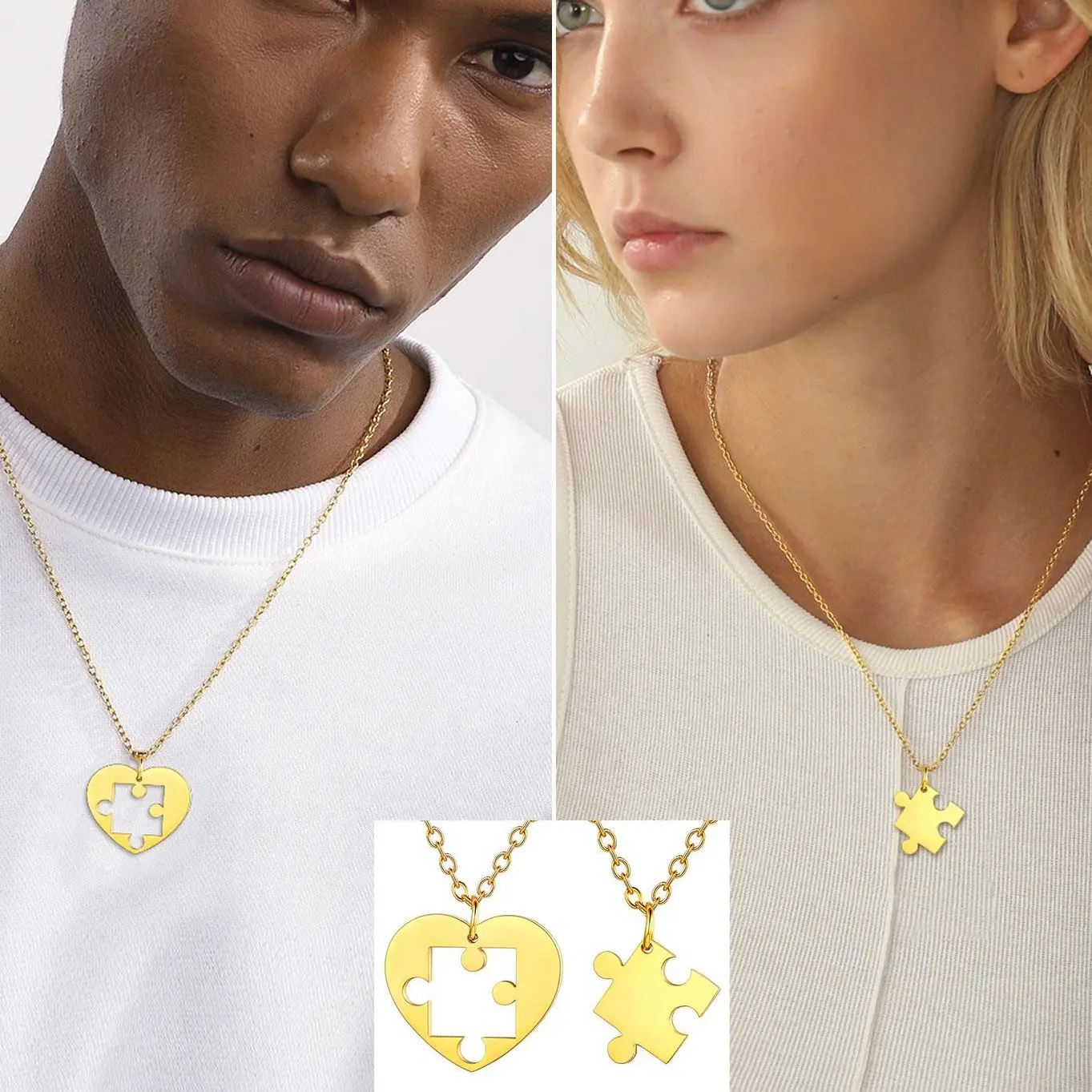 U7 Couples Anniversary Necklace, Double Heart Shape Pendant, 2-Piece Puzzle Matching Jewelry for Couples, Double Heart Necklace