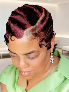 13*4 Lace Frontal Human Hair Wig Short Pixie Cut Finger Wave Transparent Lace Frontal Wig Human Hair Wig Color 1B For Women Halloween Costumes Human Hair Wavy