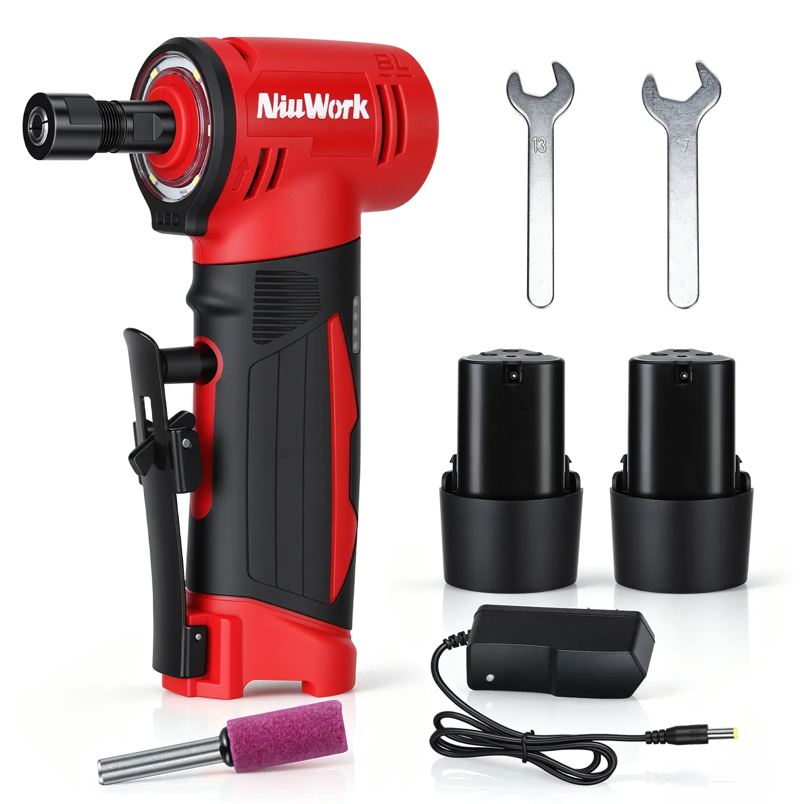 NiuWork Right Angle Die Grinder - 12V Cordless Brushless 24000RPM 4-Speed Die Grinder Kit, 1/4" Collet, LED Light, 2 Batteries for Grinding & Rust Removal