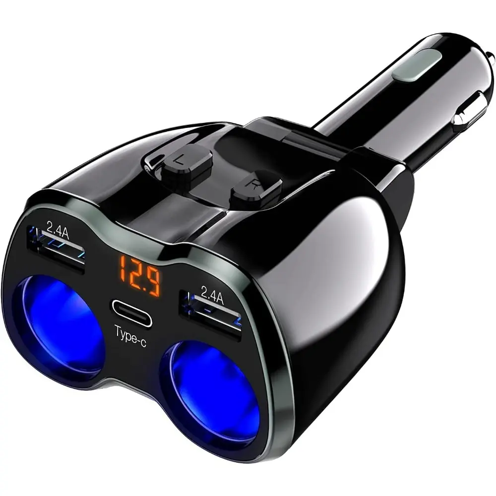 USB C Car Charger - 2-Socket Lighter Splitter, 12V/24V 80W Dual USB-C Ports, Separate Switches, LED Voltage Display, 10A Replaceable Fuse, Compatible with Mobile Phone, GPS, Dash Cam, Kindle, iPad, 10A Fuse