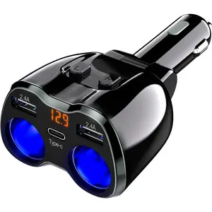 USB C Car Charger, 2 Sockets Lighter Splitter 12/24V 80W Dual USB Type-C Ports Separate Switch LED Voltage Display Built-in Replaceable 10A Fuse Compatible For Mobile Phone,GPS,Dash Cam
