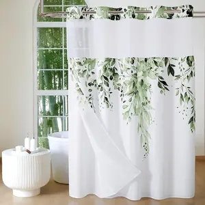No Hook Shower Curtain with Snap in Fabric Liner, Olive Green Eucalyptus Shower Curtain with See Through Top Window,  Washable Cloth Ringless Shower Curtain Set for Bathroom, 72 x 75