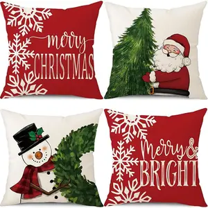 Christmas Themed Cushion Cover, 4 Counts/set Square Throw Pillow Cover without Filler, Decorative Cushion Cover for Home Living Room Bedroom Sofa