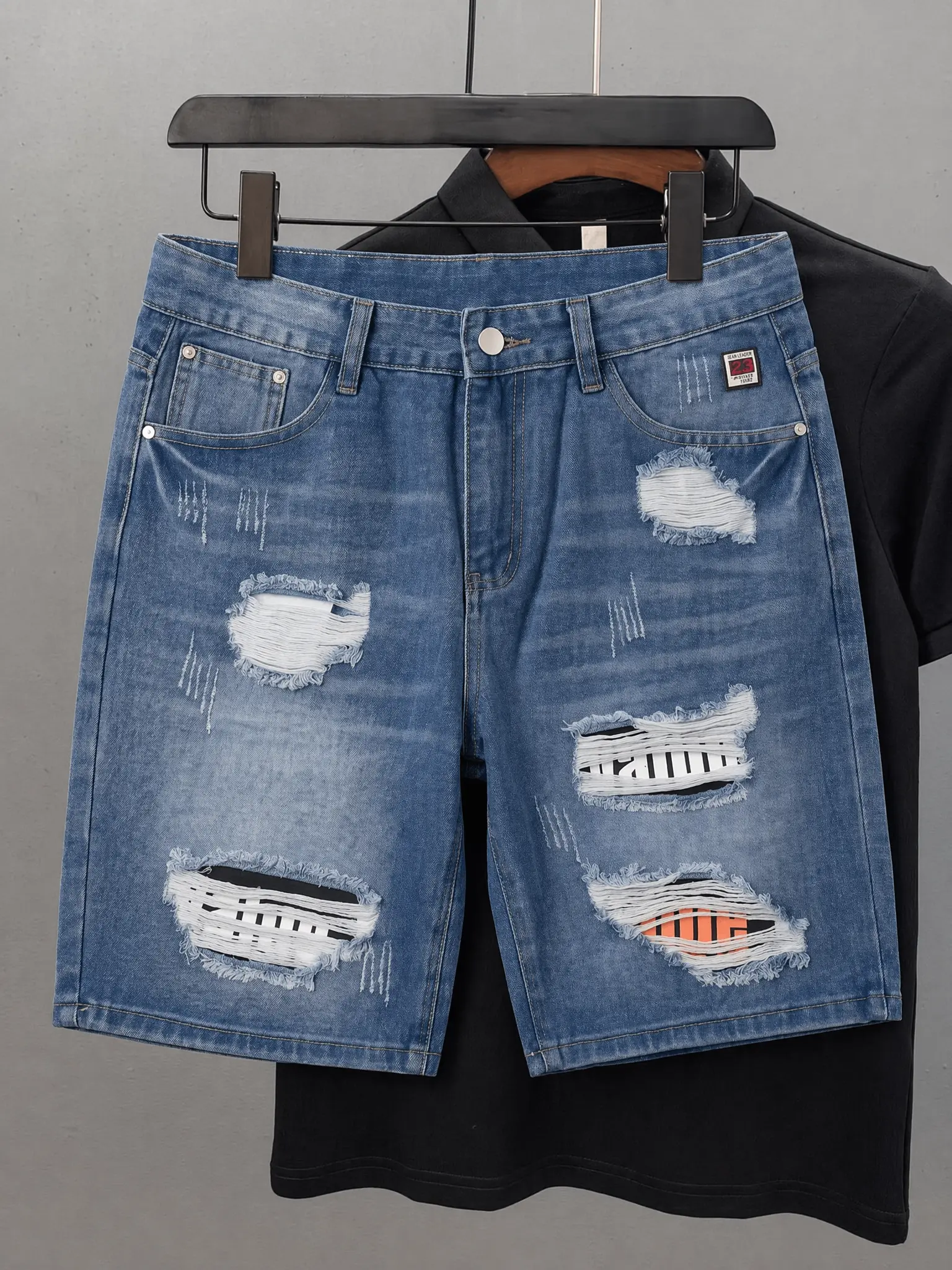 Menswear Men's Distressed Patchwork Retro Straight Non-Stretch Cotton Denim Shorts - Heavy Ripped Jorts, Red-Black Plaid Patches, Pockets, Embroidered Flannel Accents, Grunge Punk Streetwear, Breathable, Vintage Outfit for Spring Summer