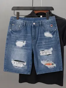 Menswear Men's Distressed Patchwork Retro Straight Non-Stretch Cotton Denim Shorts - Heavy Ripped Jorts, Red-Black Plaid Patches, Pockets, Embroidered Flannel Accents, Grunge Punk Streetwear, Breathable, Vintage Outfit for Spring Summer